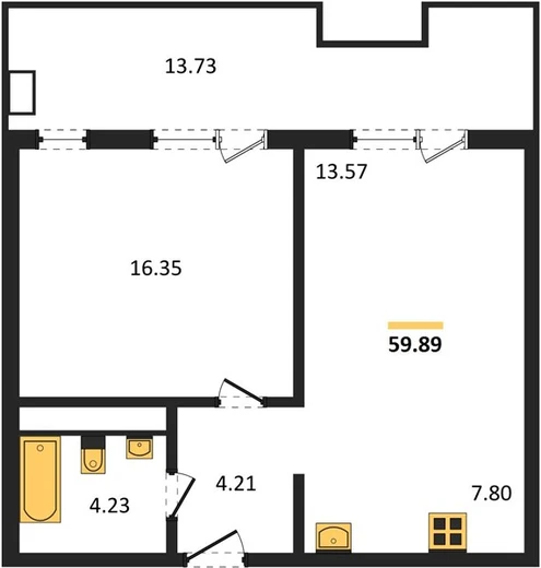 Апартаменты 1-комн. 59.89 кв. м