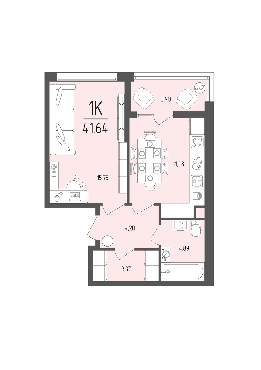 Квартира 1-комн. 41.64 кв. м
