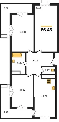 Квартира 3-комн. 86.46 кв. м