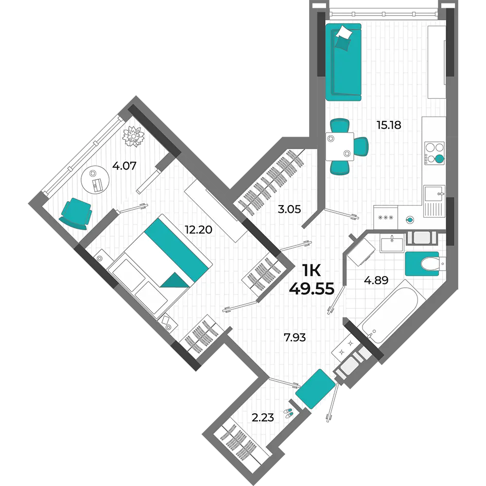 Квартира 1-комн. 49.55 кв. м