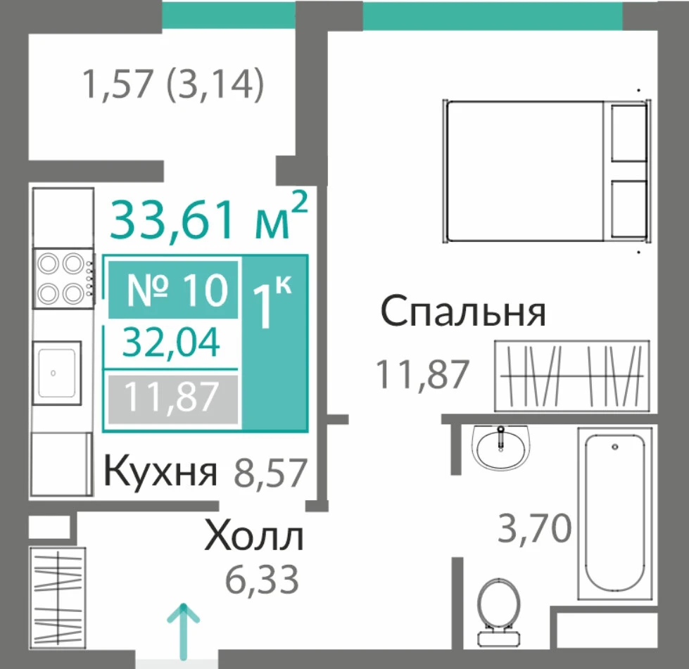 Квартира 1-комн. 32.04 кв.м