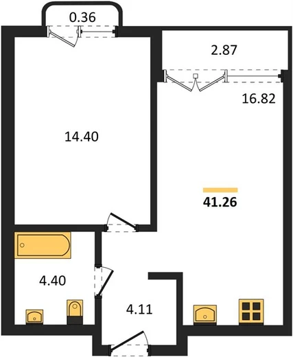 Квартира 1-комн. 41.26 кв. м