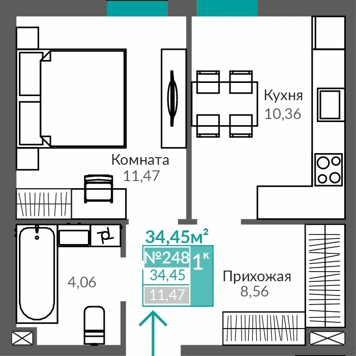 Квартира 1-комн. 34.45 кв.м