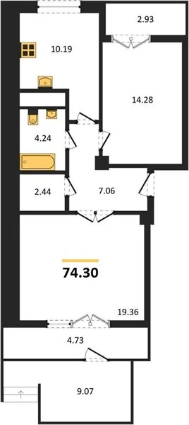Квартира 2-комн. 74.3 кв. м