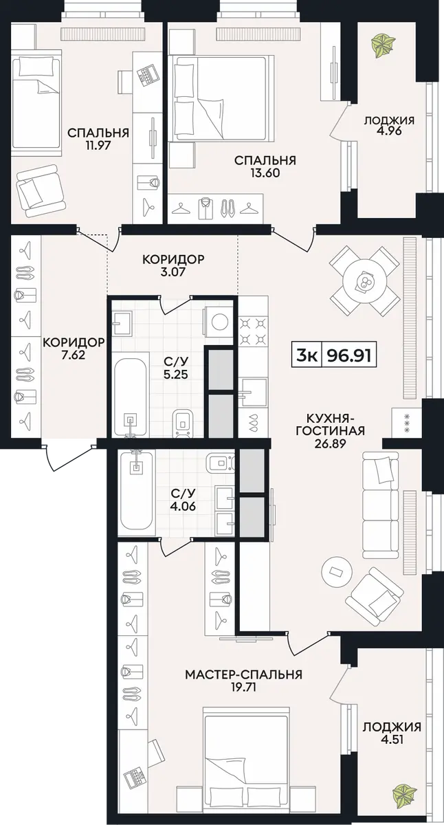 Квартира 3-комн. 96.91 кв. м