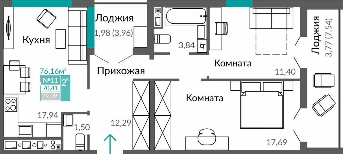 Квартира 2-комн. 70.41 кв.м