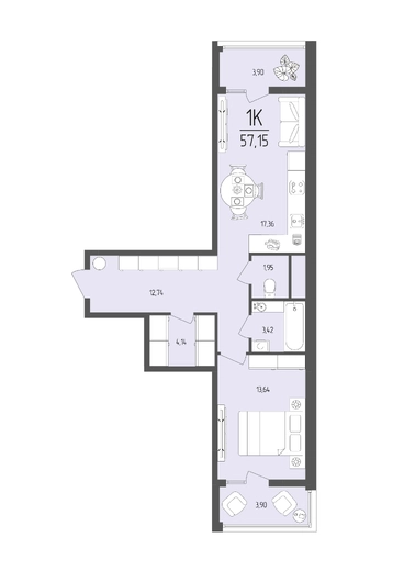 Квартира 1-комн. 57.15 кв. м