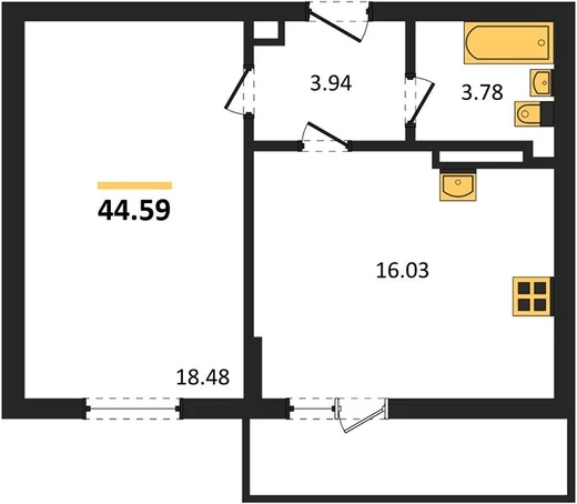 Квартира 1-комн. 44.59 кв. м