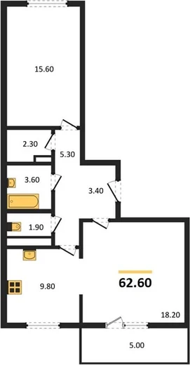 Квартира 2-комн. 62.6 кв. м