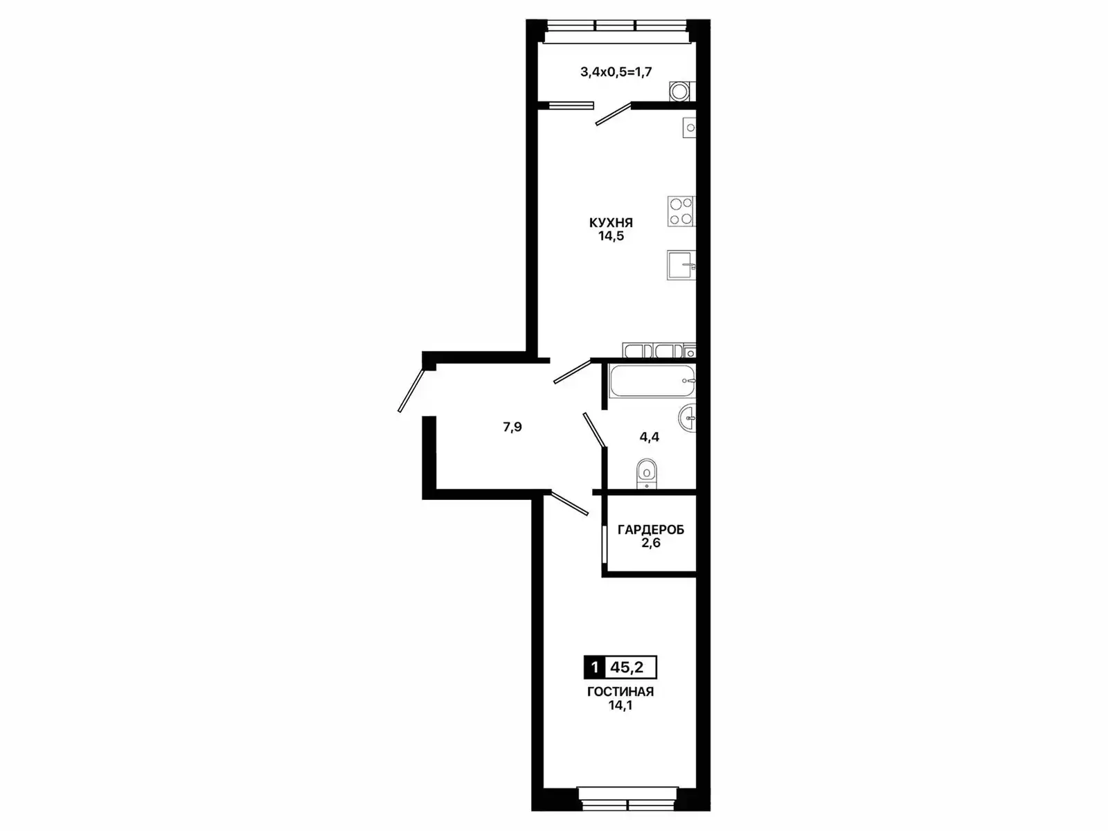 Квартира 1-комн. 45.2 кв. м