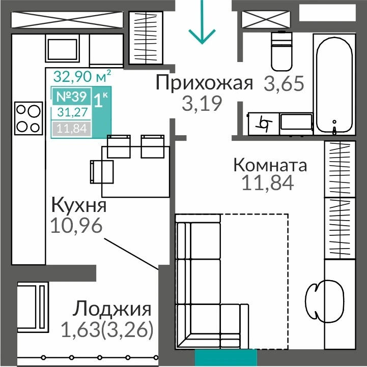 Квартира 1-комн. 31.27 кв.м