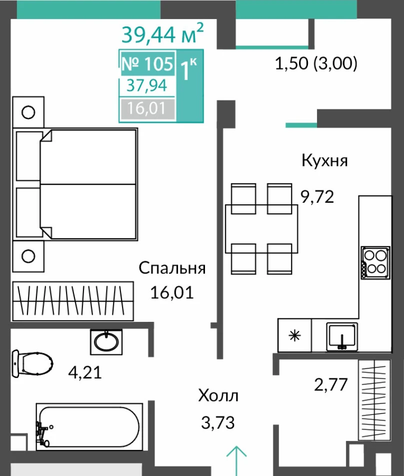 Квартира 1-комн. 37.94 кв.м