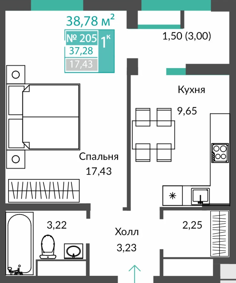 Квартира 1-комн. 37.28 кв.м