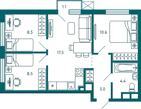 Квартира 3-комн. 54.8 кв.м