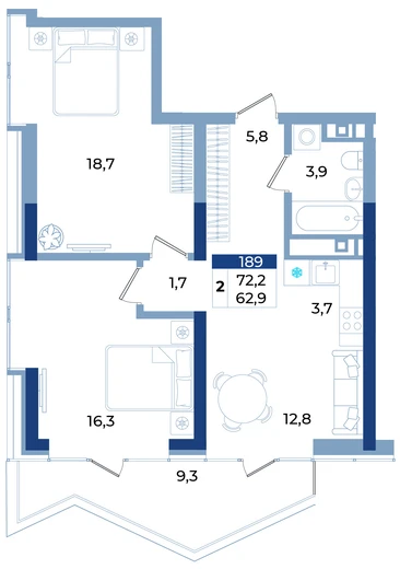 Апартаменты 2-комн. 72.2 кв.м