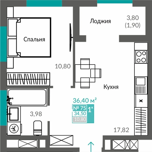 Квартира 1-комн. 34.5 кв.м