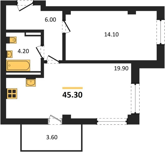 Квартира 1-комн. 44.2 кв. м