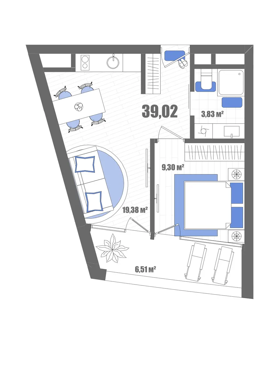 Апартаменты 1-комн. 39.02 кв. м