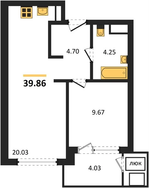 Квартира 1-комн. 39.86 кв. м