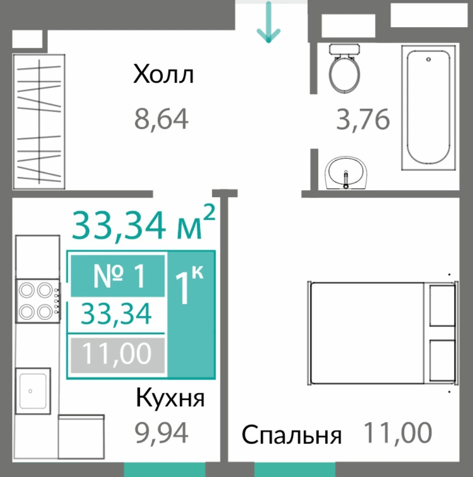 Квартира 1-комн. 33.34 кв.м