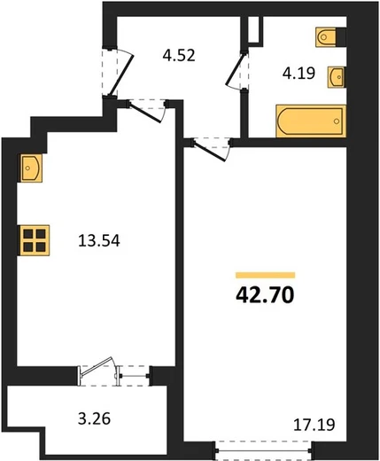 Квартира 1-комн. 42.7 кв. м