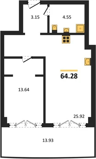 Апартаменты 1-комн. 64.28 кв. м