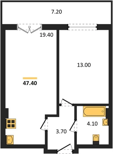 Квартира 1-комн. 47.4 кв. м