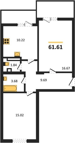 Квартира 2-комн. 61.61 кв. м