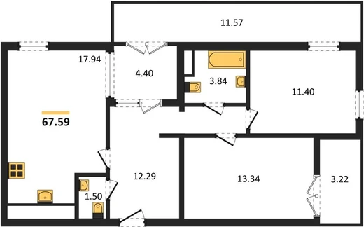 Квартира 2-комн. 67.59 кв. м