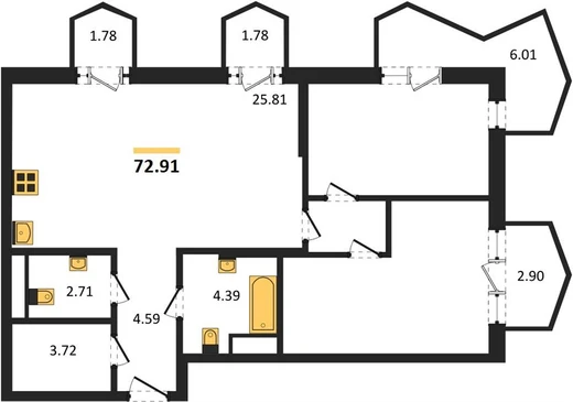 Квартира 2-комн. 72.91 кв. м