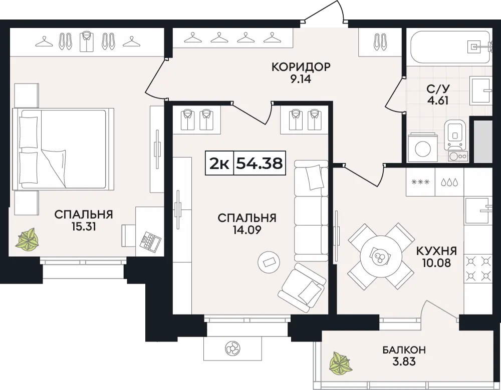 Квартира 2-комн. 54.38 кв. м