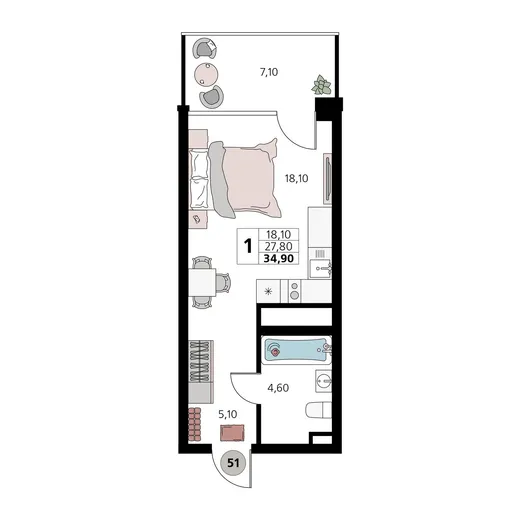 Апартаменты 1-комн. 34.9 кв. м