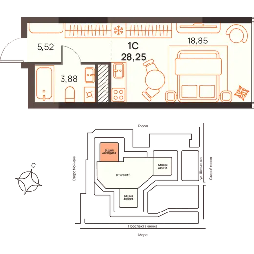 Квартира Студия 28.25 кв. м