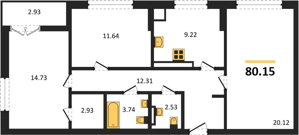 Квартира 3-комн. 80.15 кв. м