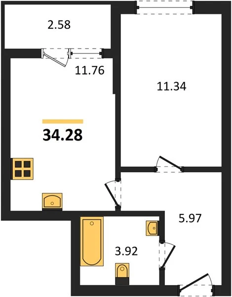 Квартира 1-комн. 34.28 кв. м