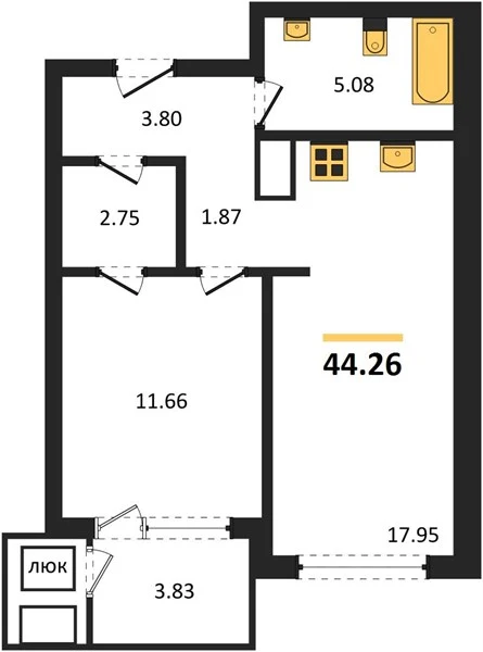 Квартира 1-комн. 44.26 кв. м