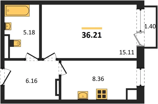 Квартира 1-комн. 36.8 кв. м