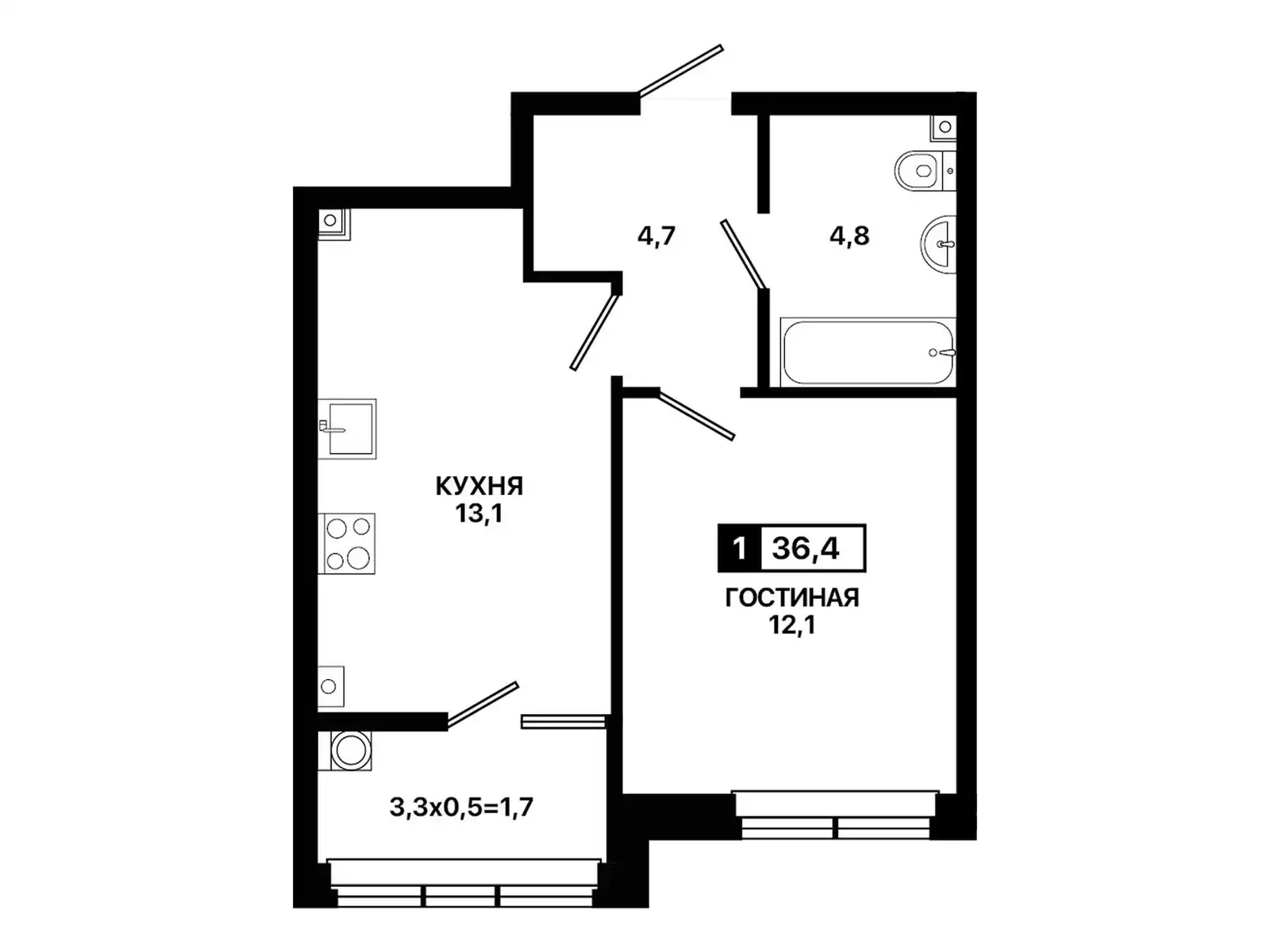 Квартира 1-комн. 36.4 кв. м