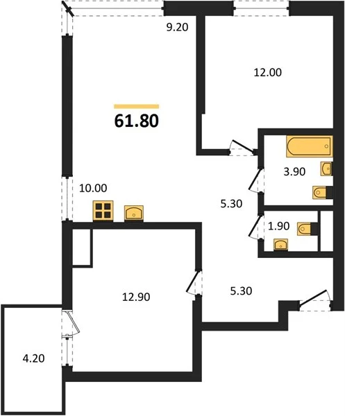Квартира 2-комн. 61.8 кв. м
