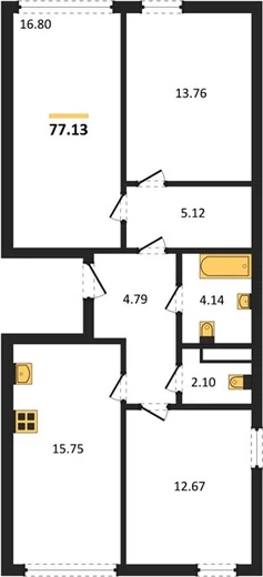 Квартира 3-комн. 77.13 кв. м