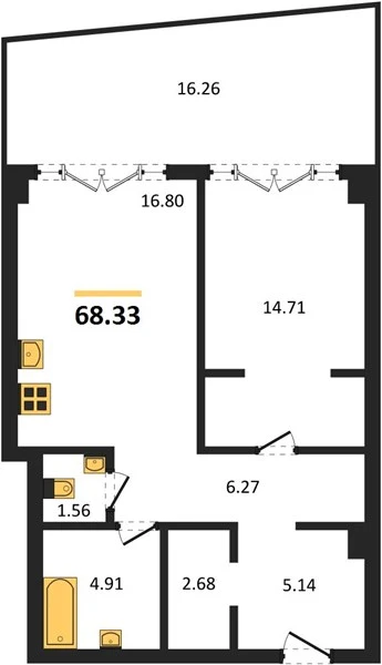 Апартаменты 1-комн. 68.31 кв. м