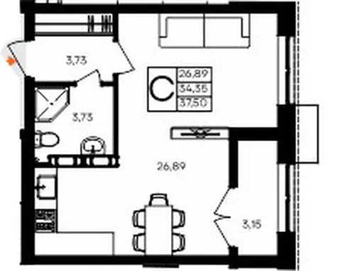 Квартира Студия 37.5 кв. м