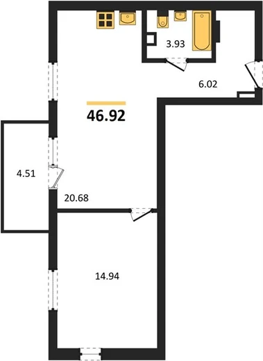 Квартира 1-комн. 46.77 кв. м