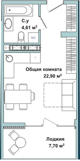 Апартаменты Студия 34.5 кв. м