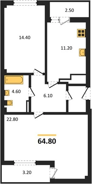 Квартира 2-комн. 64.8 кв. м