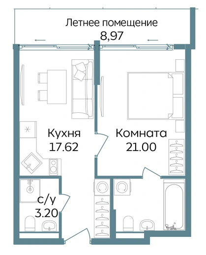 Апартаменты 2-комн. 50.79 кв. м