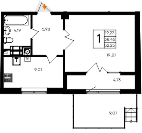 Квартира 1-комн. 52.25 кв. м