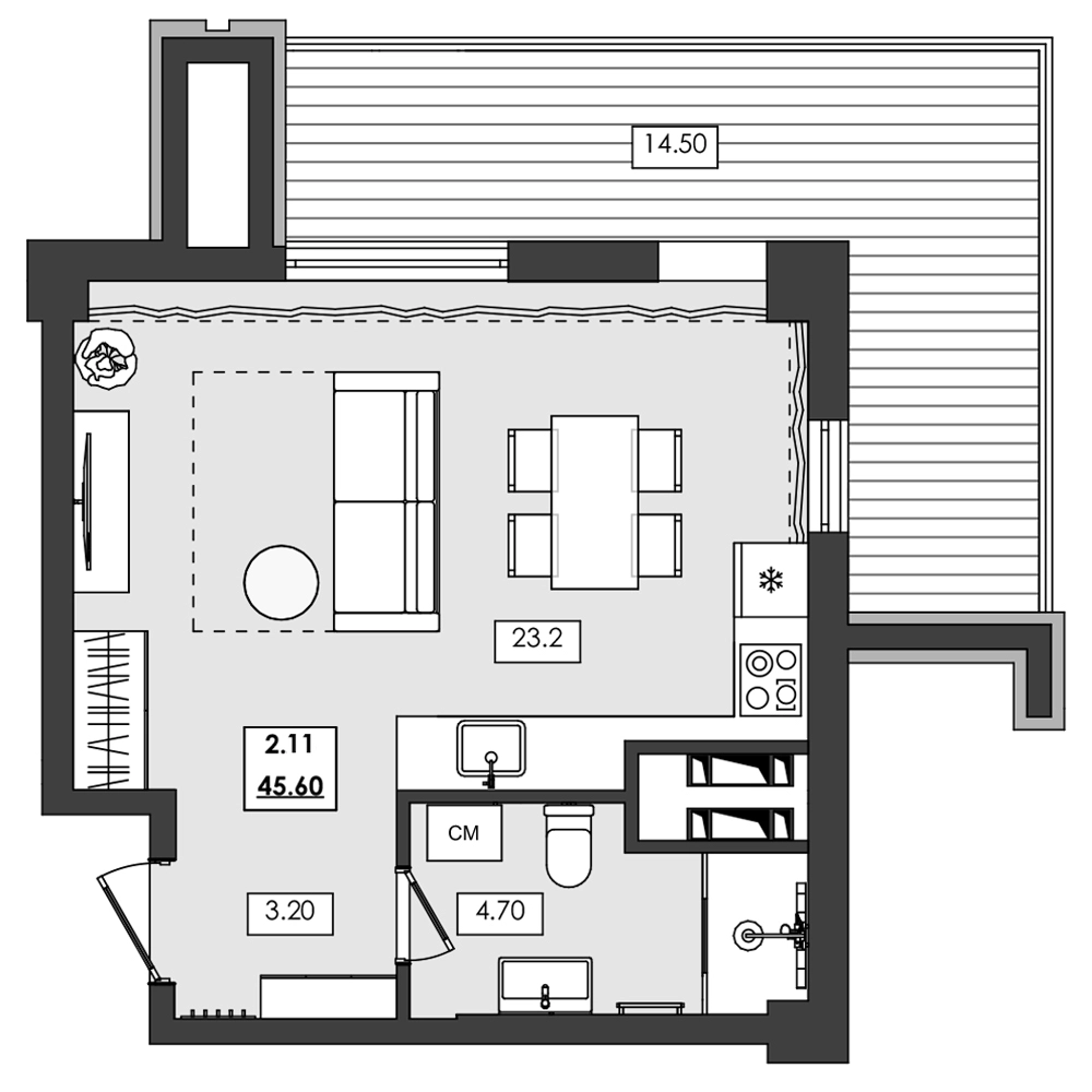 Апартаменты 1-комн. 45.6 кв. м