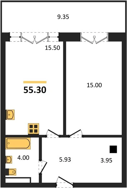 Квартира 1-комн. 55.3 кв. м