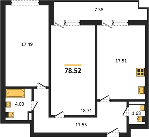 Квартира 2-комн. 78.52 кв. м